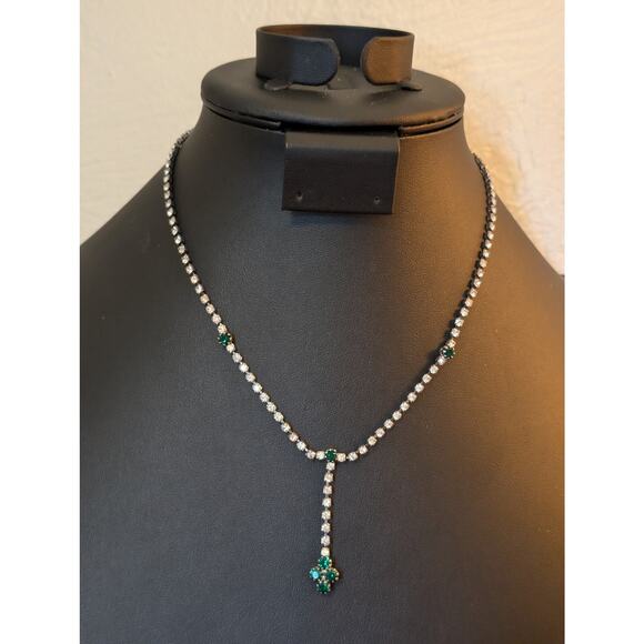 Vintage Rhinestone Green Drop Dangle Fold Over Clasp Silver Tone Necklace - Picture 5 of 5